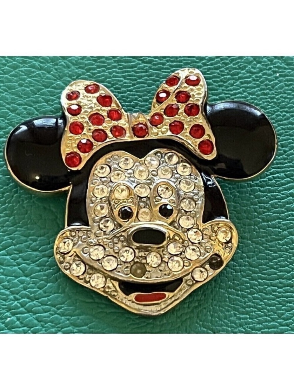 Minnie Mouse Face Crystal Rhinestone Enamel Pin Brooch Pendant Marked Disney